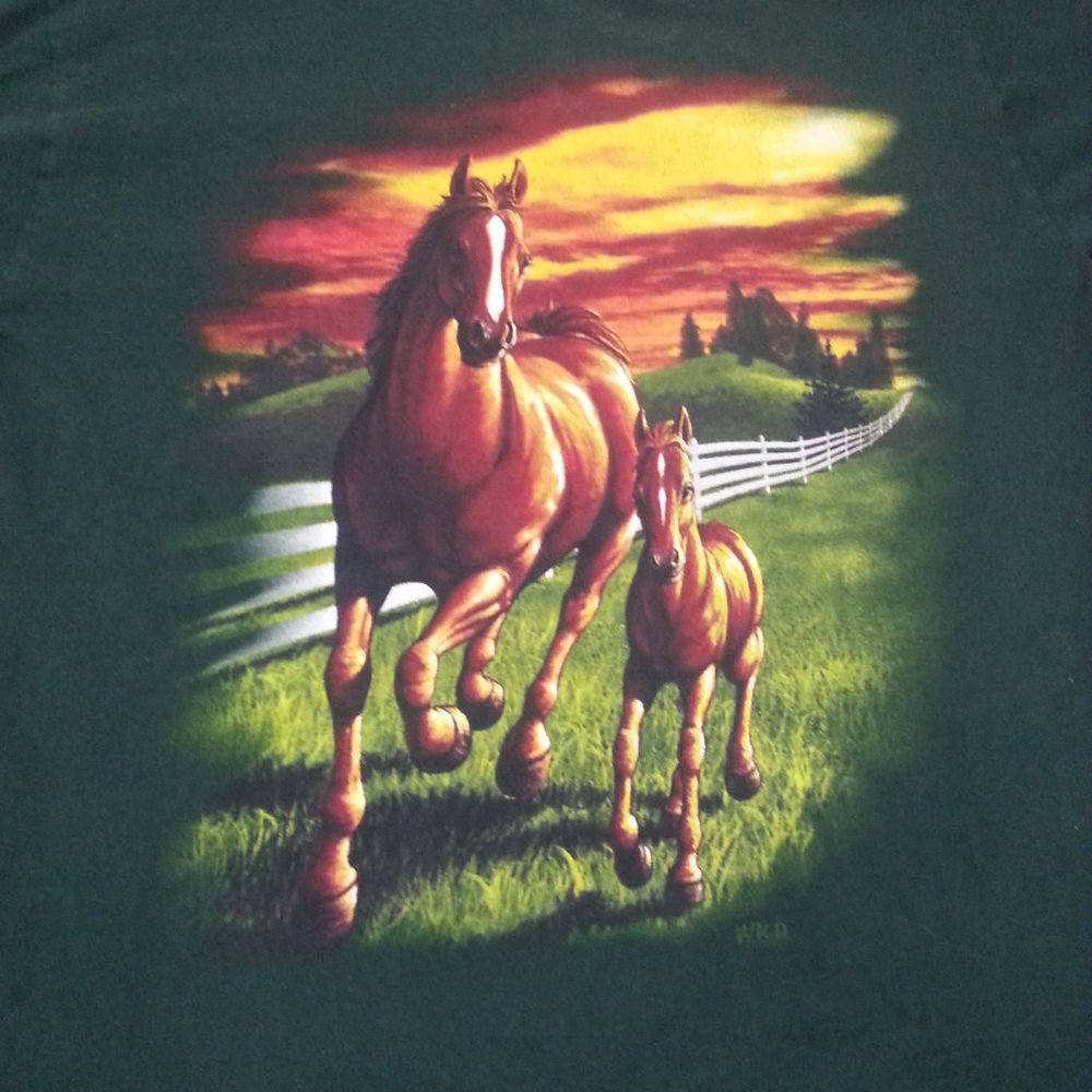 Vintage 90's Horse Pony Shirt XL Wild Gear Country Western Farm Ranch Green